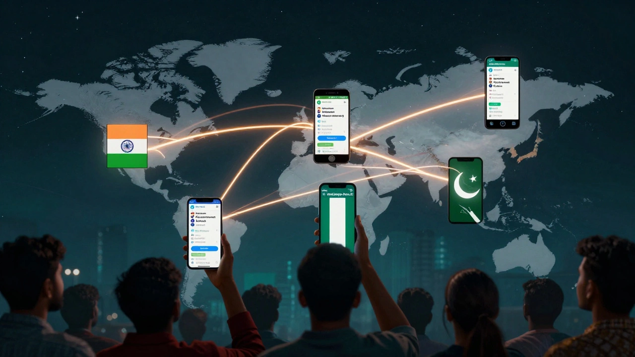 Global network of phones displaying live sports scores from Telegram, connecting fans across continents.