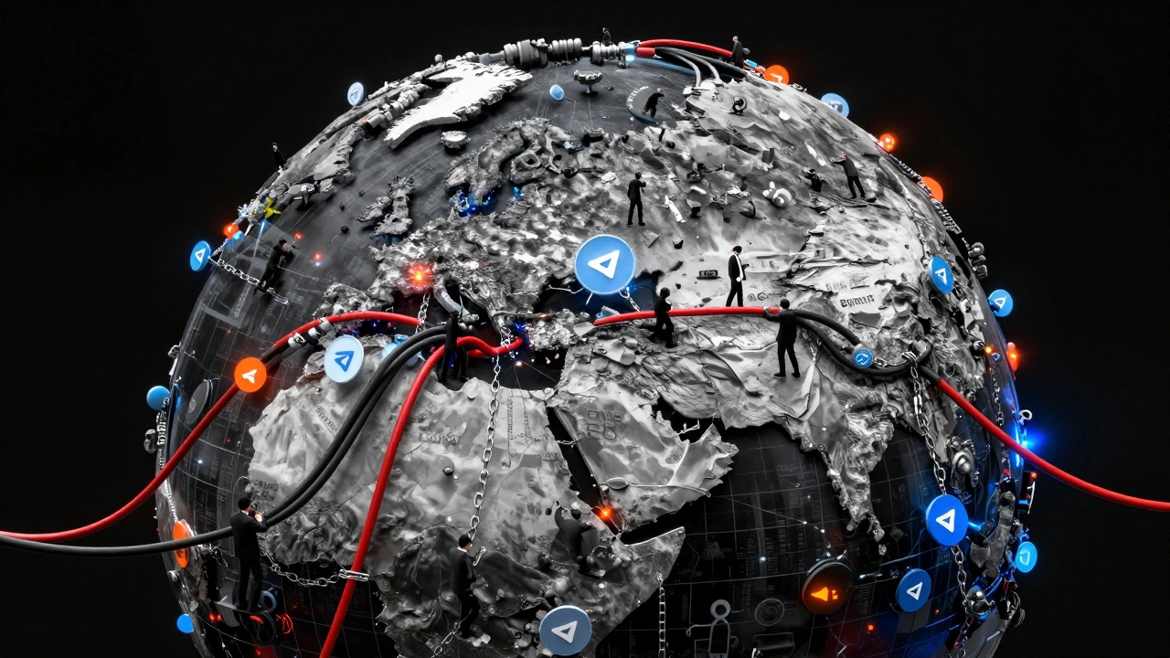 Globe made of Telegram icons with cables spreading disinformation globally