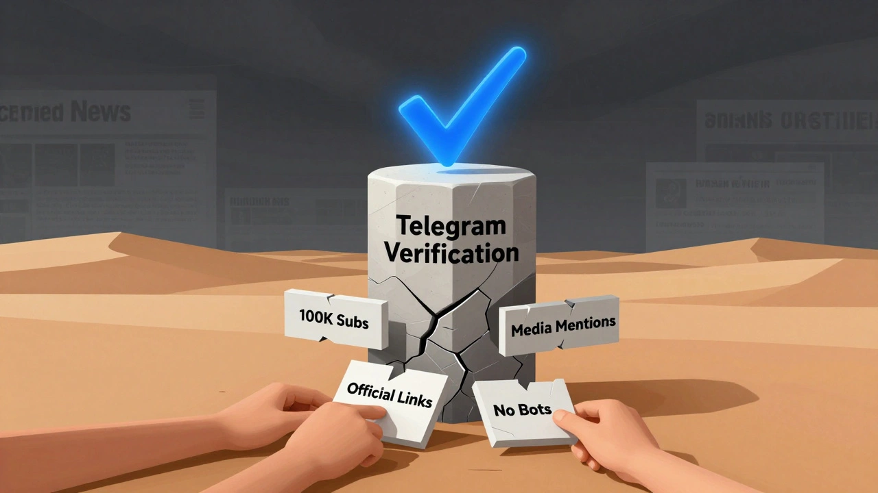 Glowing blue verification checkmark on stone pedestal, surrounded by required credentials in digital desert