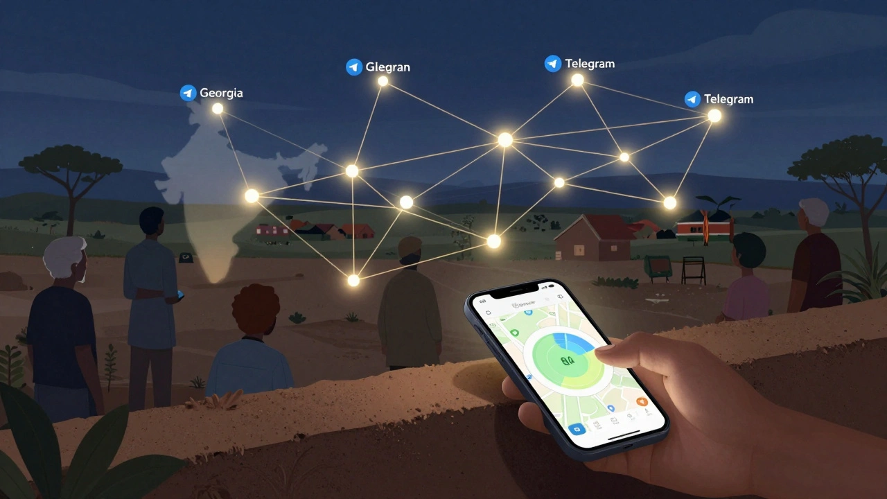 Glowing network of rural Telegram verification nodes connecting villages across India, Georgia, and Kenya at dusk.
