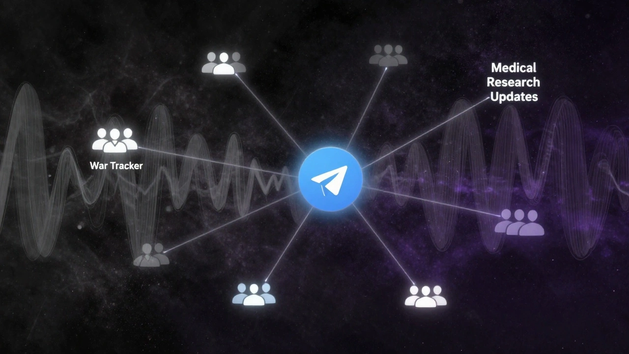 Glowing signal waves connecting a Telegram logo to niche audience groups like war trackers and medical researchers.