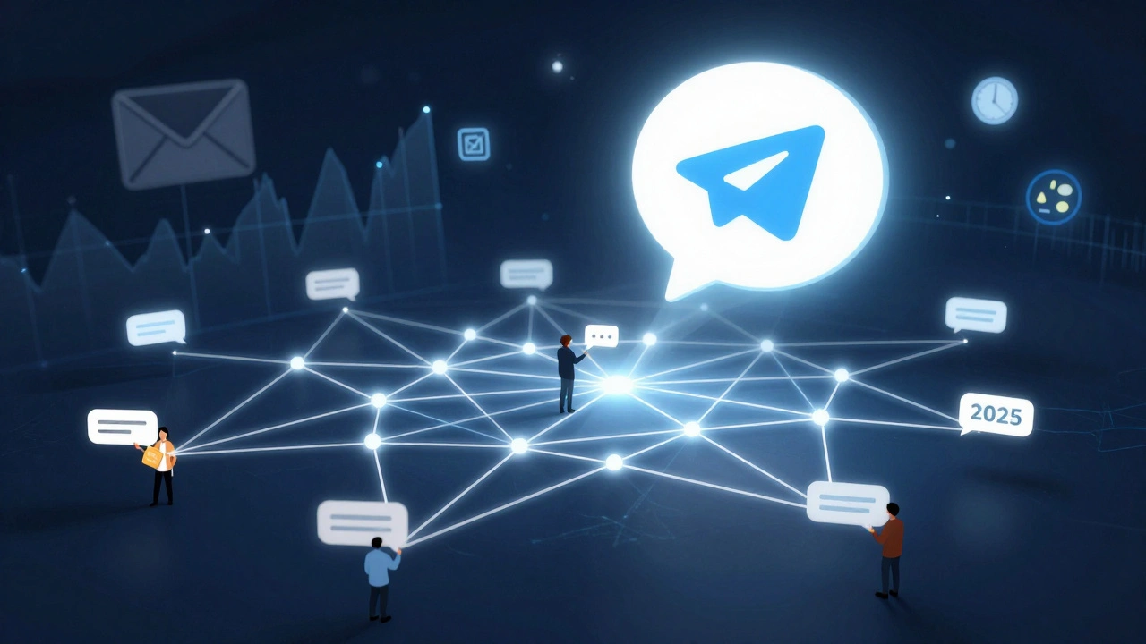 Glowing Telegram chat network with members receiving personalized messages, contrasting fading email and social media icons.