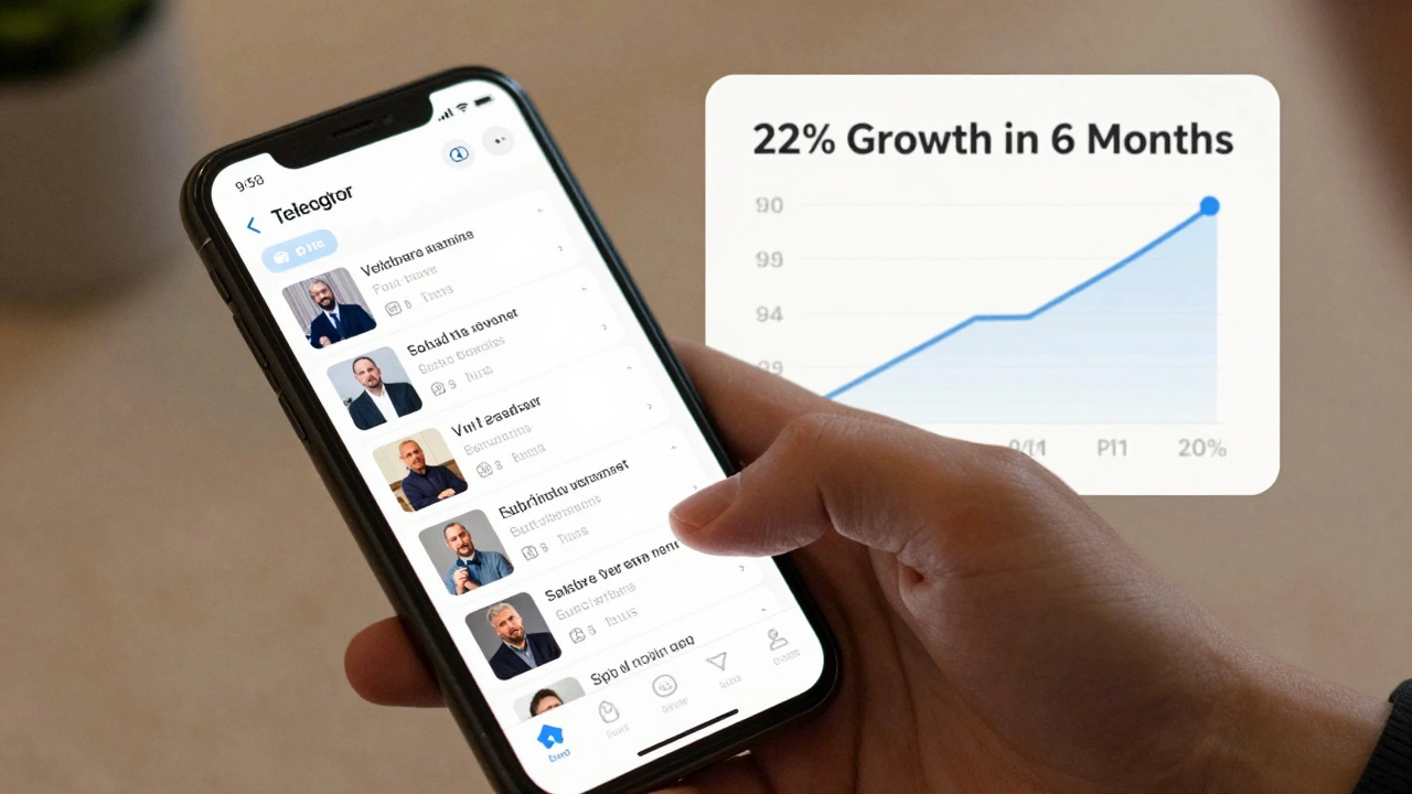 Hand holding a phone scrolling through a Telegram channel with news snippets, audio icons, and a premium subscription prompt, lit by warm ambient light.