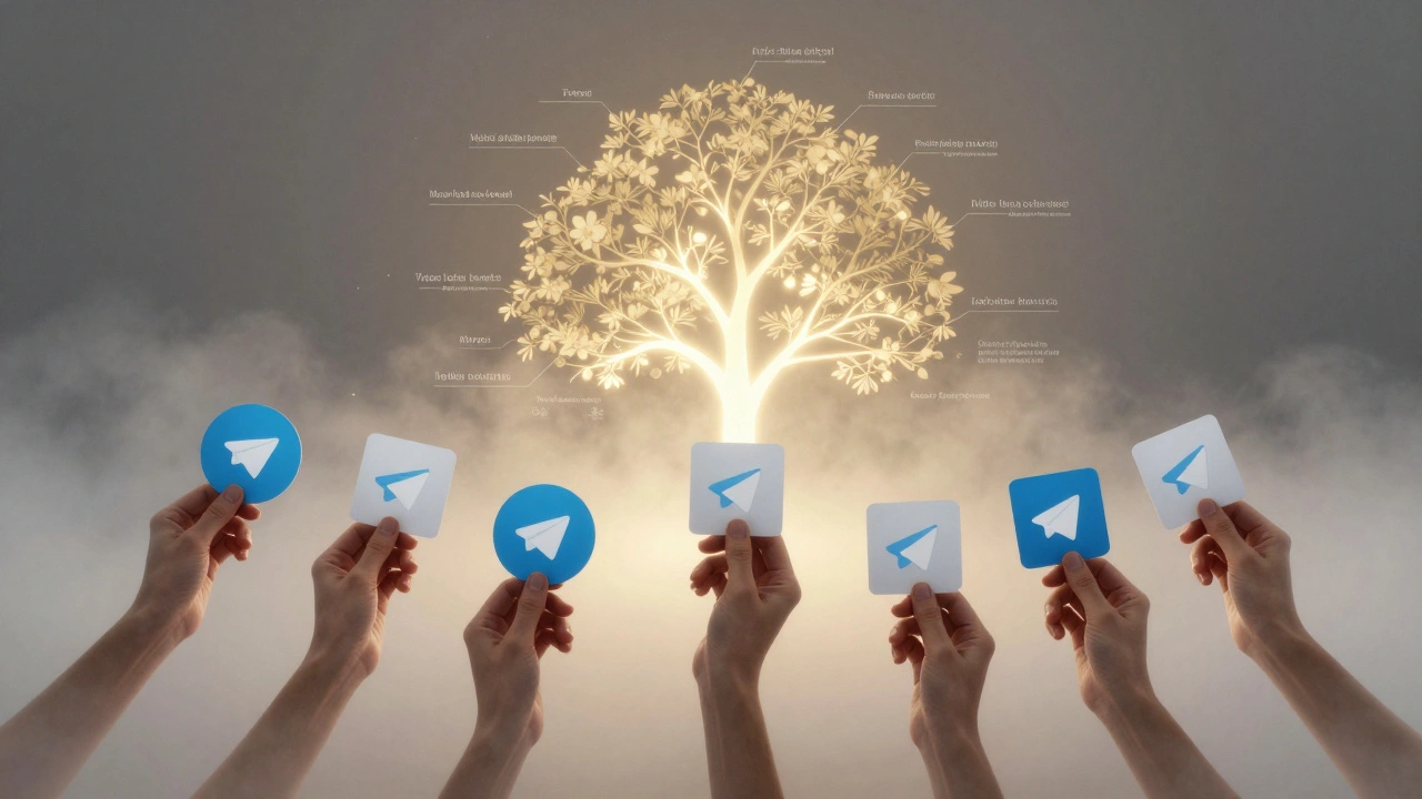 Hands voting in a Telegram quiz, forming a knowledge tree with facts and links as branches.