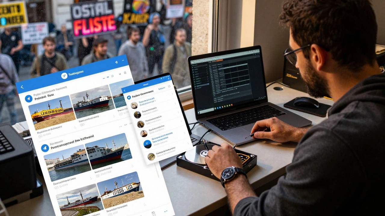 Journalist analyzing printed Telegram screenshots of grain shipments, encrypted drive open, Maltego software running.