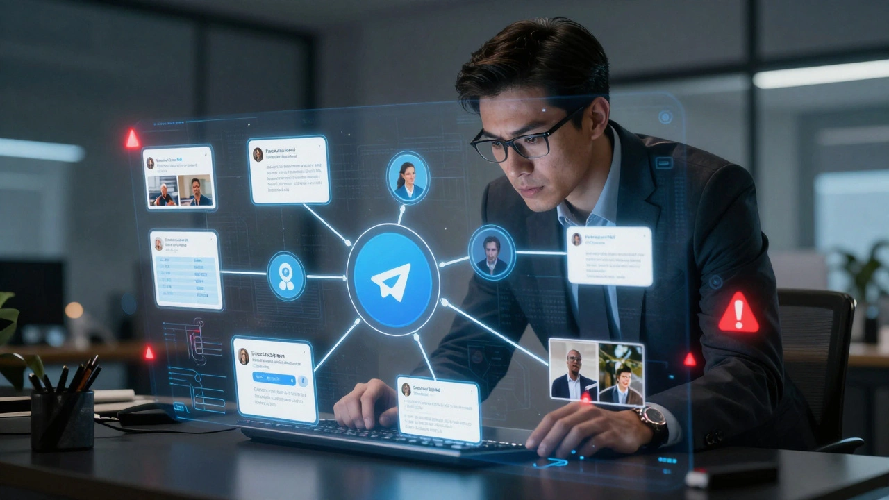 Journalist interacting with a holographic topic graph showing linked messages, timelines, and misinformation markers.