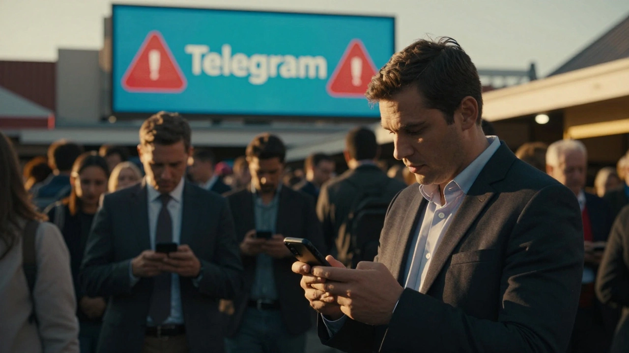 Journalist sending Signal message in busy market, blurred surveillance figures and Telegram billboard behind.