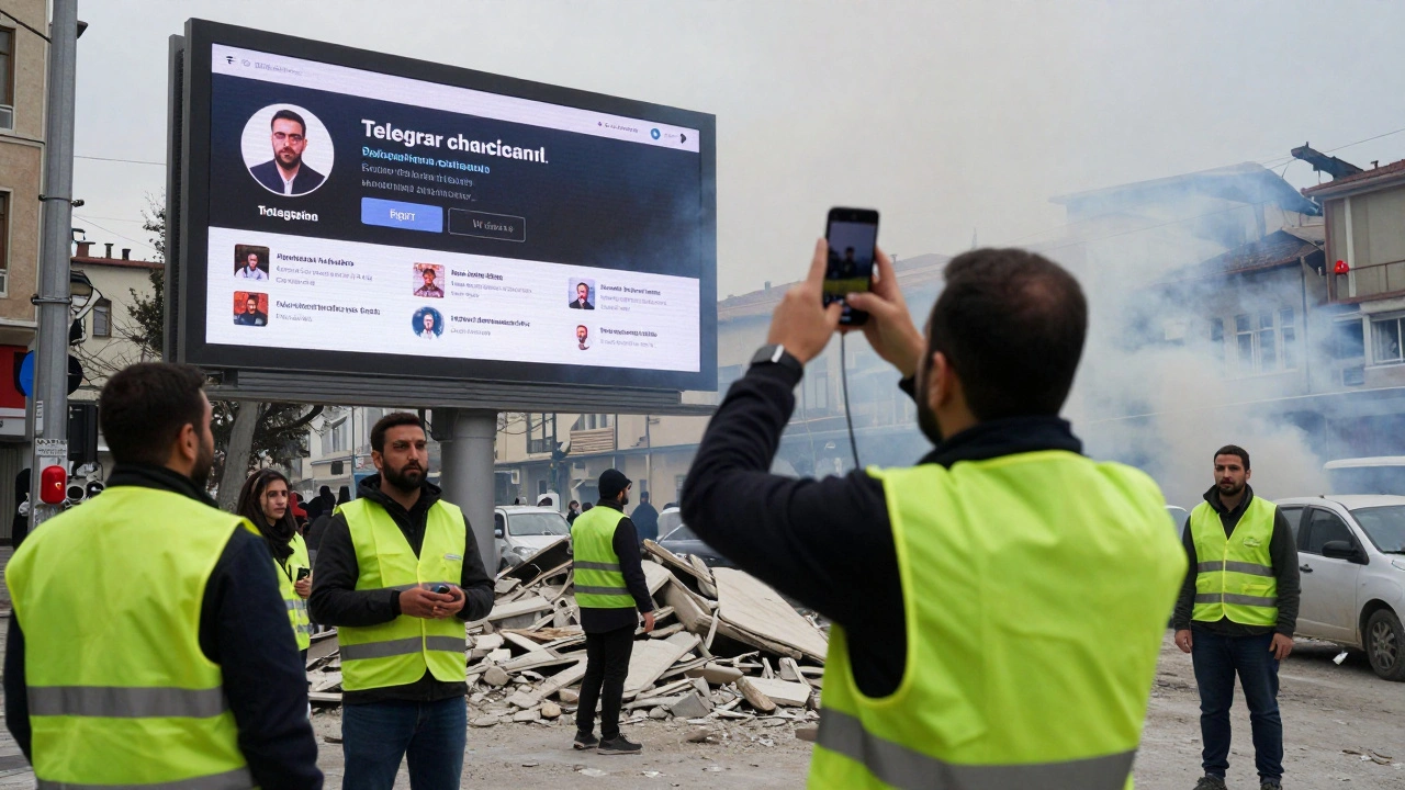 Journalist uploading video from rubble using burner phone during disaster response.