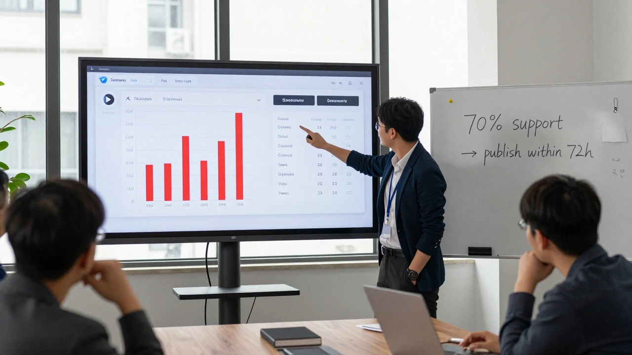Journalists reviewing Telegram poll data during an editorial meeting with bar graphs on screen.