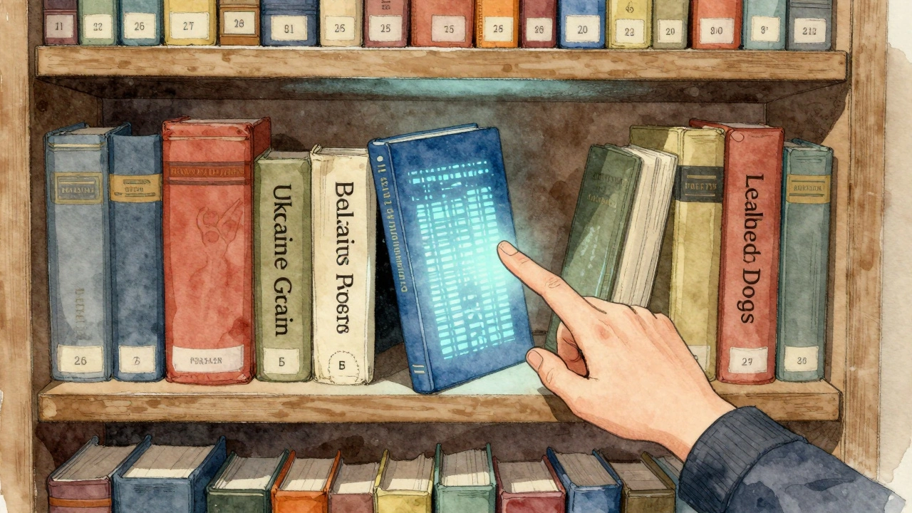 Library shelf with investigative topics, one book glowing faintly as algorithmic suggestion.