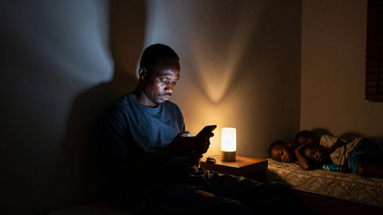 Man reading Telegram news at night in Lagos with power outage shadows.