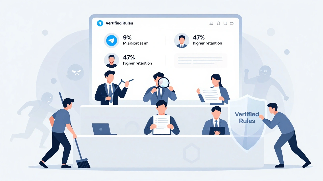 Moderation team working together with dashboard showing low misinformation and high retention metrics.
