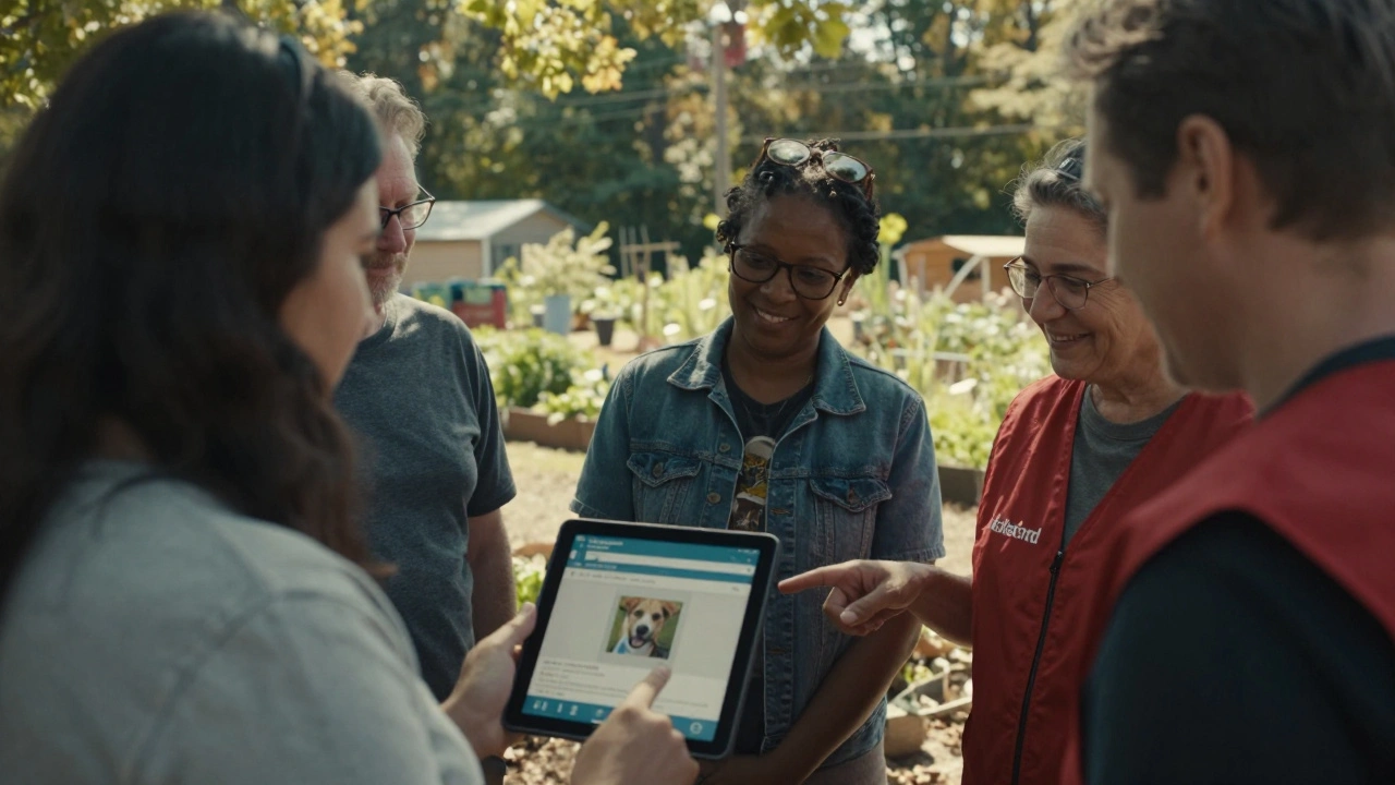 Neighbors gathered around a tablet viewing a lost pet alert from a local Telegram bot.