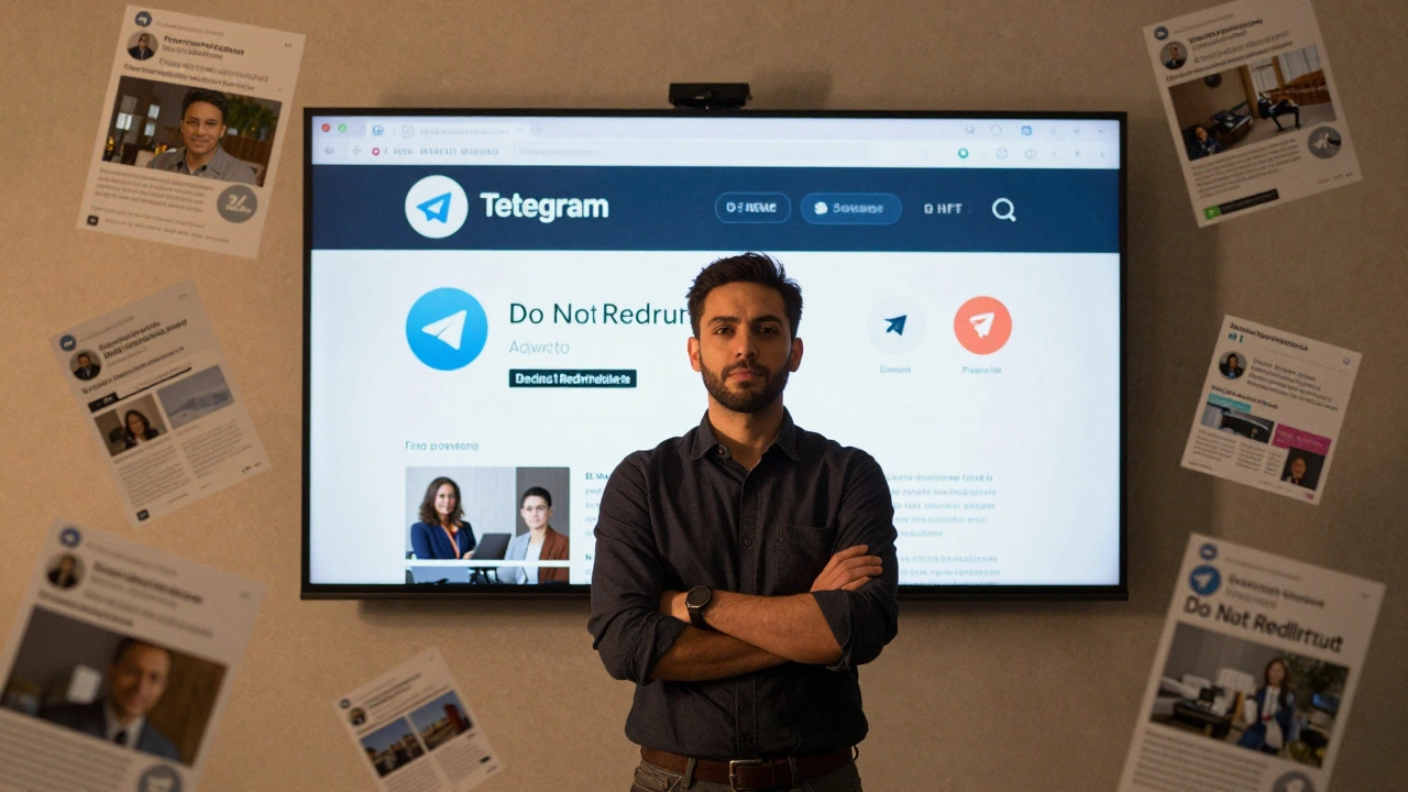 News publisher with watermarked Telegram posts and paid subscriber badges, while copied content fades behind them.