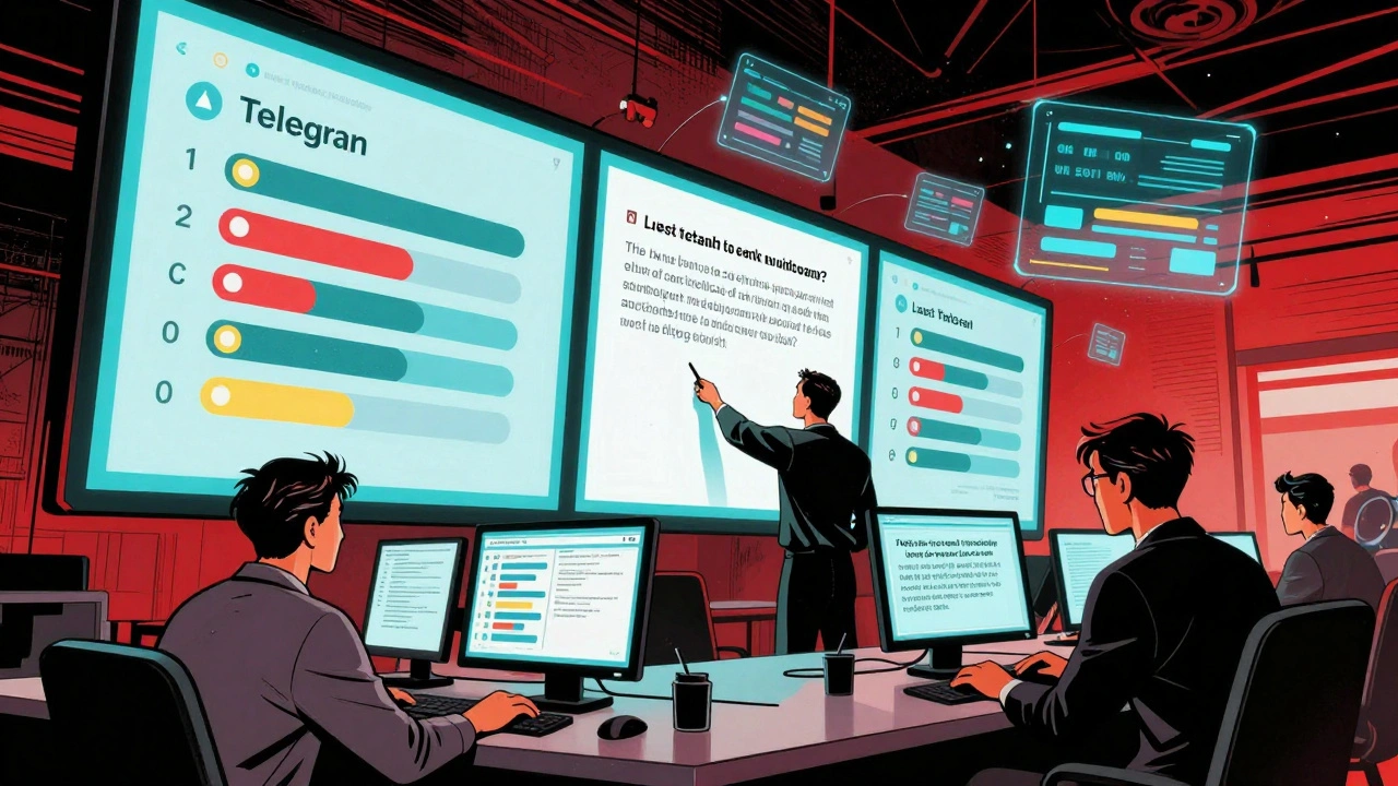 Newsroom with journalists monitoring live Telegram quiz results on digital screens, dynamic comic book style.