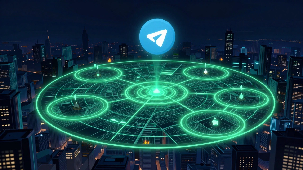 Overlapping geofenced circles on a city map connected to a central bot interface, symbolizing hyperlocal alerts.