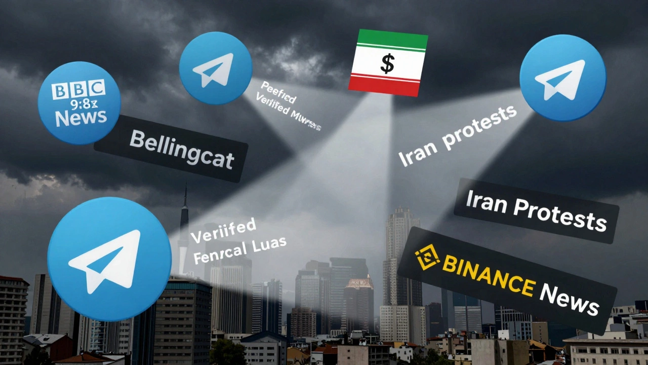 Overlapping Telegram news channels in a stormy sky, projecting both facts and false rumors.