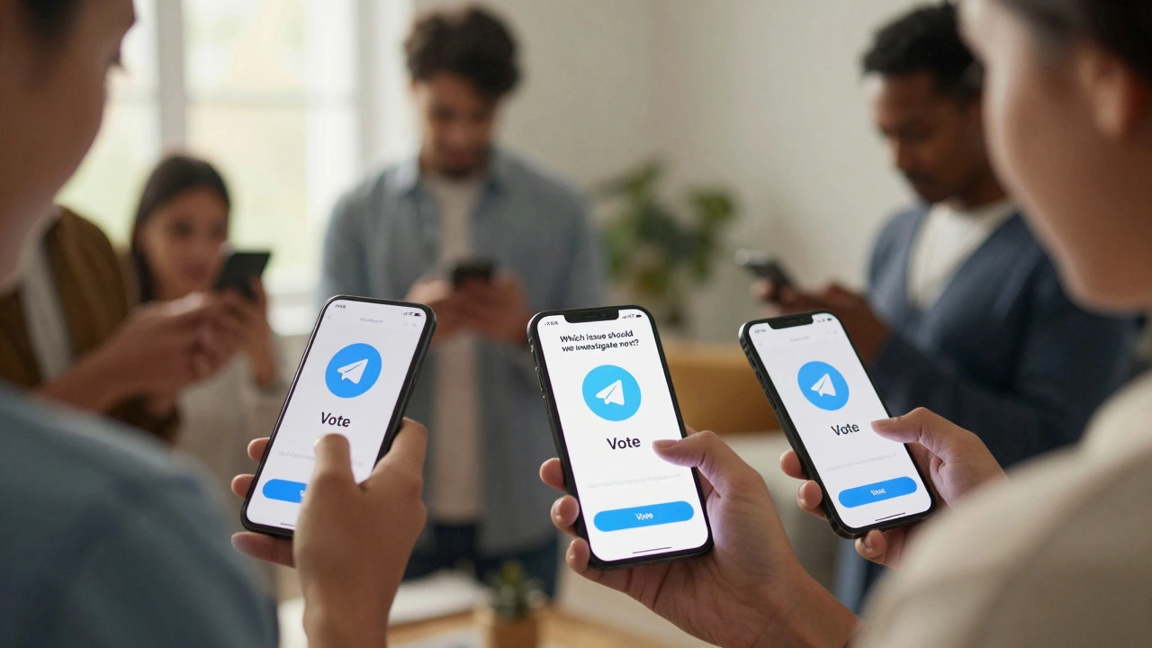 People in different locations voting on a Telegram poll about local news issues.