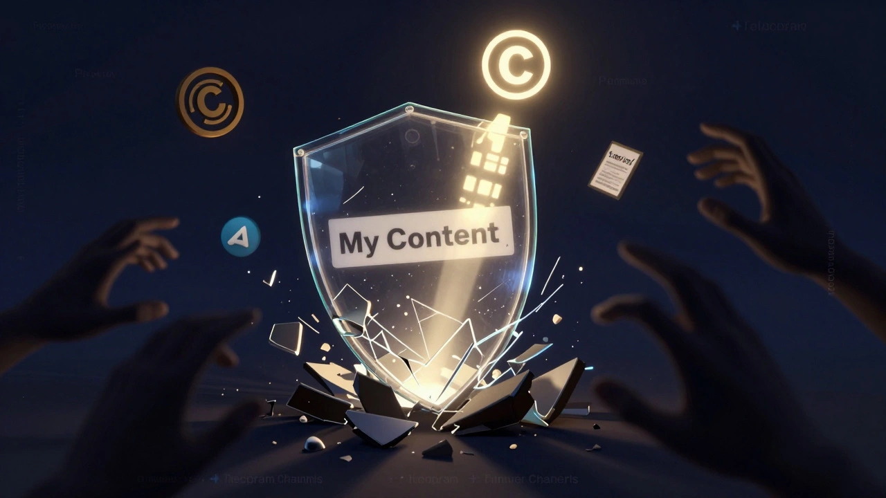 Shattered content shield with pirate hands reaching, one glowing message link rising above as copyright symbols float nearby.