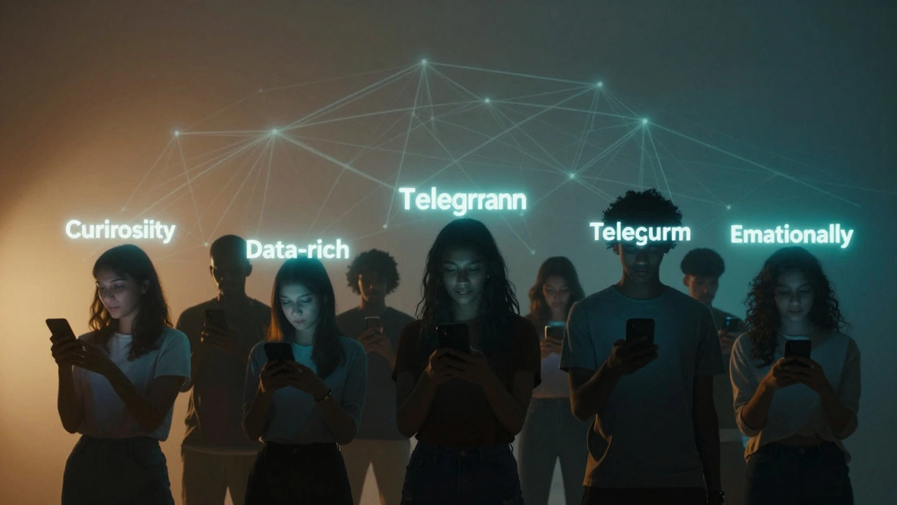 Silhouetted users connected by glowing headlines, symbolizing trust and community on Telegram.