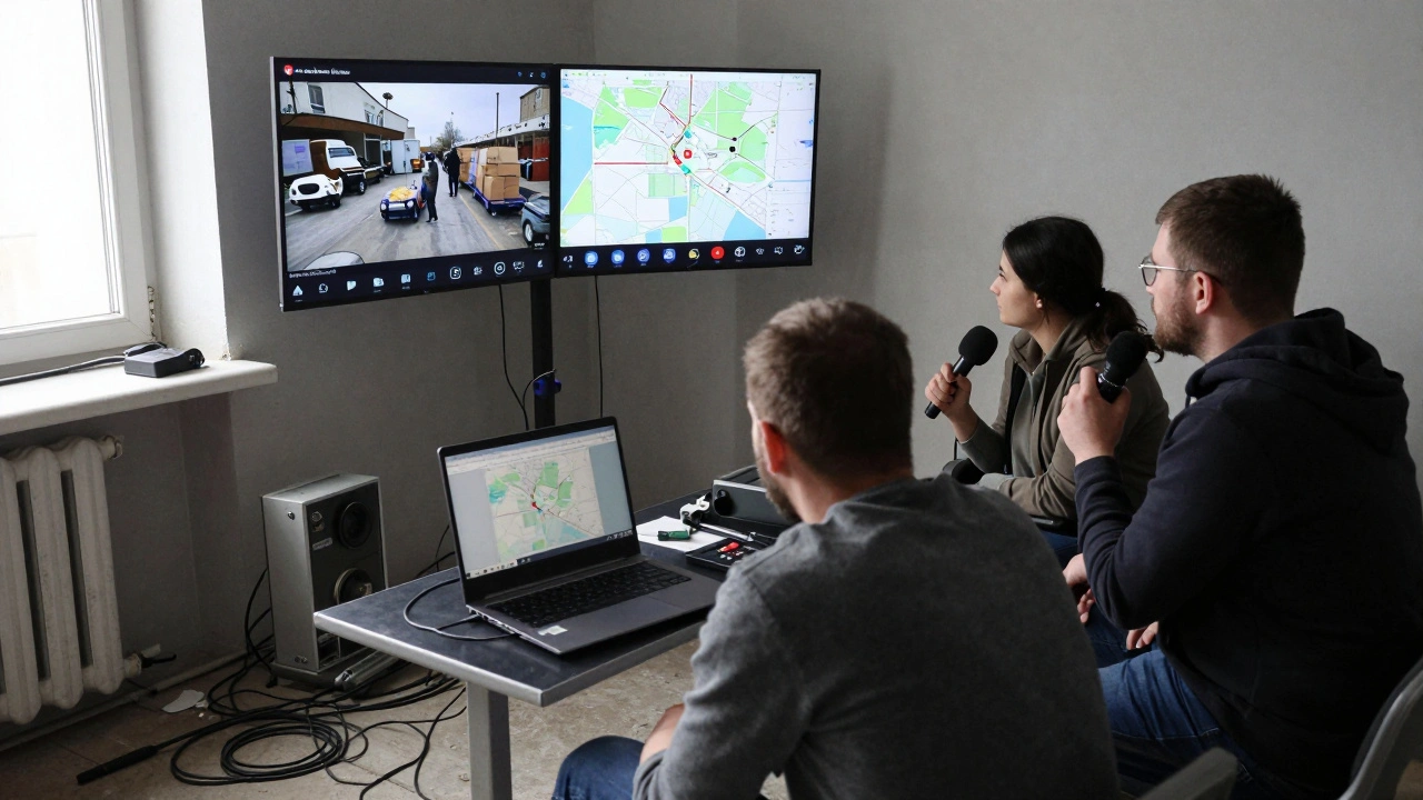 Small news team in Kyiv broadcasting live humanitarian updates using OBS and Telegram, maps and text overlays visible on monitor.