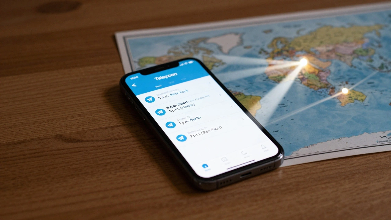 Smartphone screen displaying scheduled Telegram posts across three global time zones.