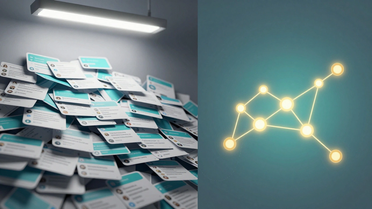 Split image: chaotic Telegram feed vs. organized topic graph, illustrating transformation from noise to clarity.