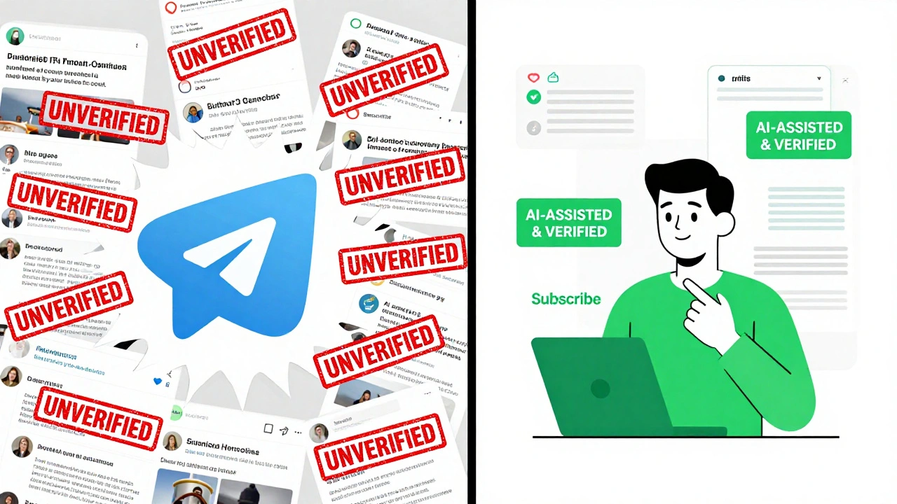 Split image: chaotic unverified AI news on left, labeled verified AI news on right, with a user subscribing to the trustworthy version.