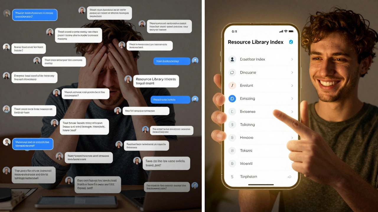 Split-screen: chaotic feed vs. organized resource library, symbolizing trust through structure.