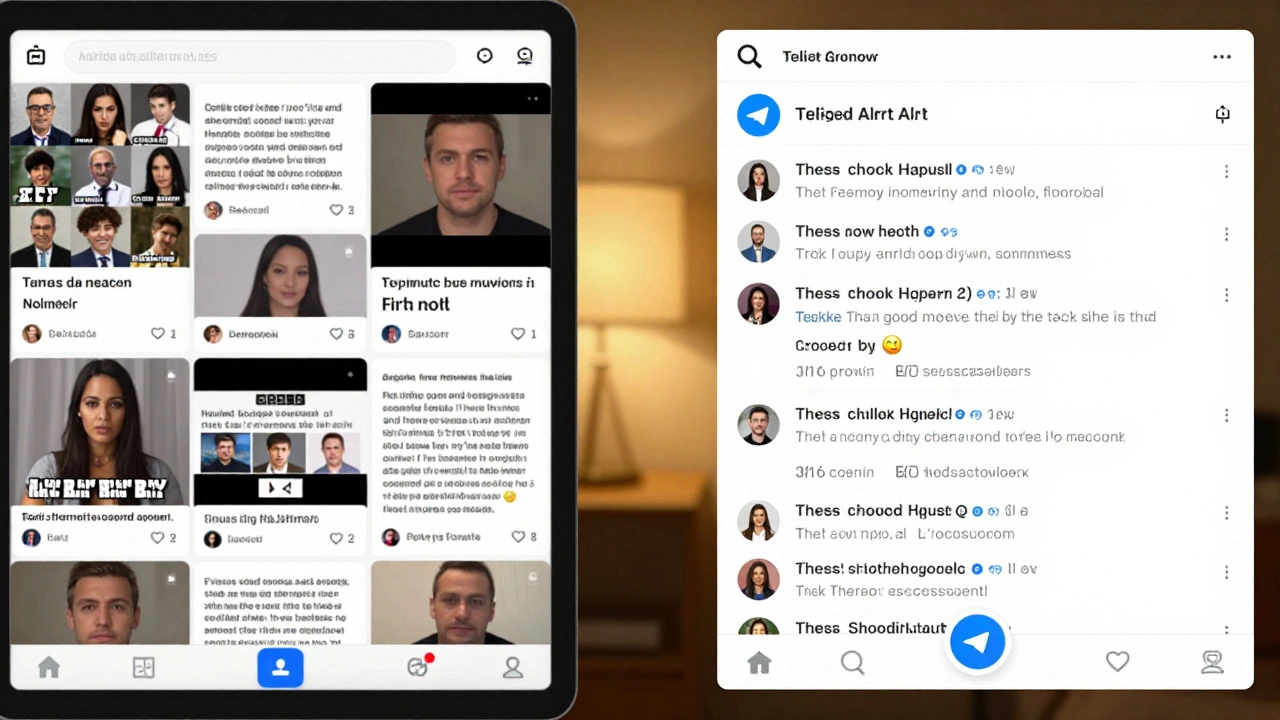 Split-screen: chaotic social media feed vs. calm Telegram news channel with focused subscribers.