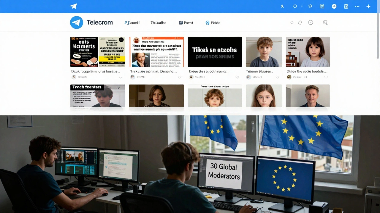 Split-screen: chaotic unmoderated Telegram channel above, three overwhelmed moderators below in a dim room.