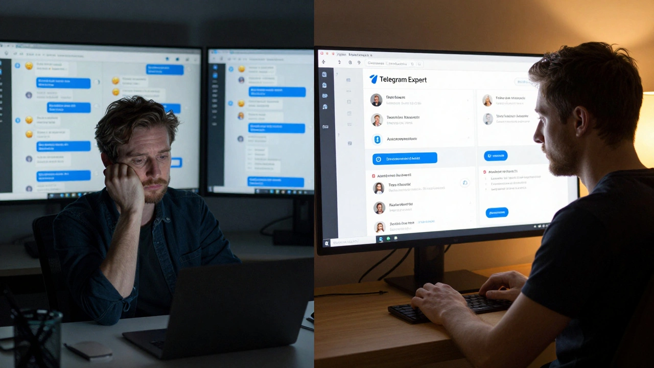 Split-screen comparing chaotic Telegram chats to organized system using Telegram Expert.