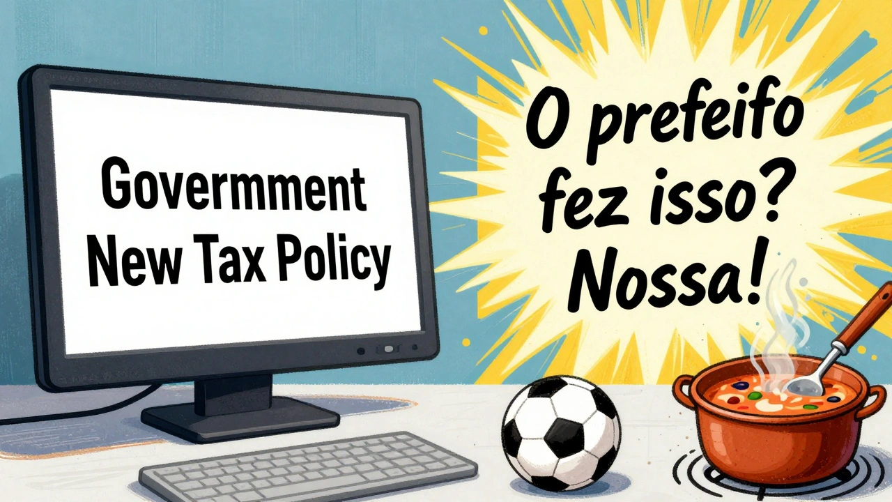 Split-screen comparison: formal news headline vs. emotional Brazilian slang version on digital devices.