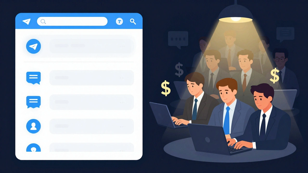 Split-screen comparison of a bot-heavy Telegram channel versus a small but engaged audience clicking premium links.