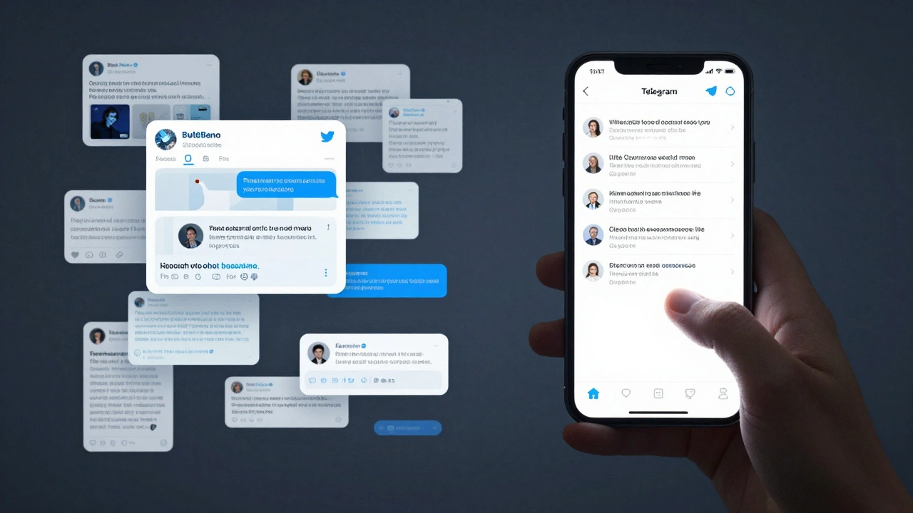 Split-screen contrast: chaotic Twitter feed vs. calm Telegram live news stream with pinned emergency information.