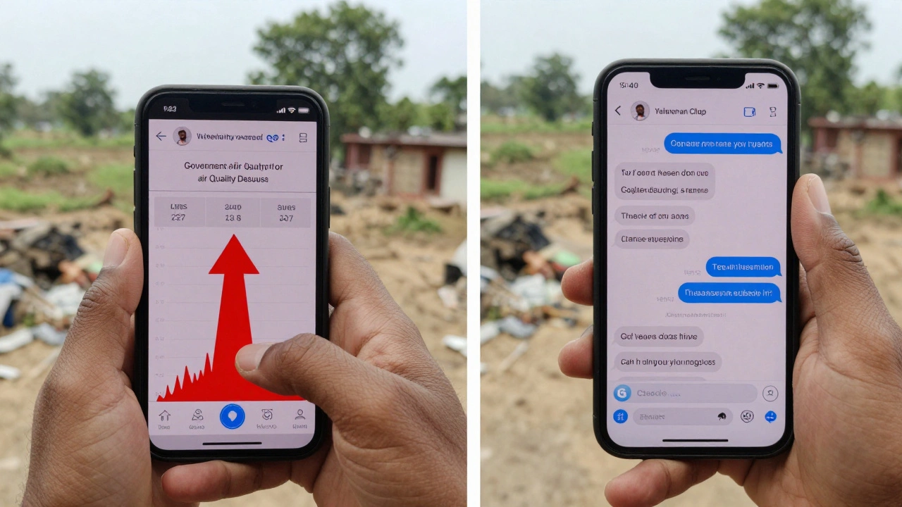 Split-screen: Indian journalist screenshotting air quality data, posted as Telegram Clip