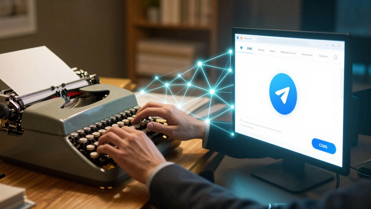 Split-screen: manual typewriter vs. digital CMS auto-publishing to Telegram.