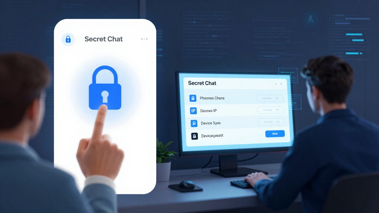 Split-screen showing Secret Chat encryption versus government metadata review, highlighting privacy versus compliance.