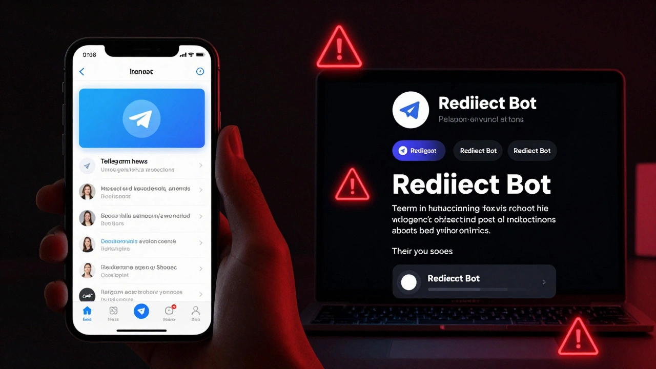 Split-screen: user taking screenshot on iPhone while content is rebroadcast via third-party bot on another device.