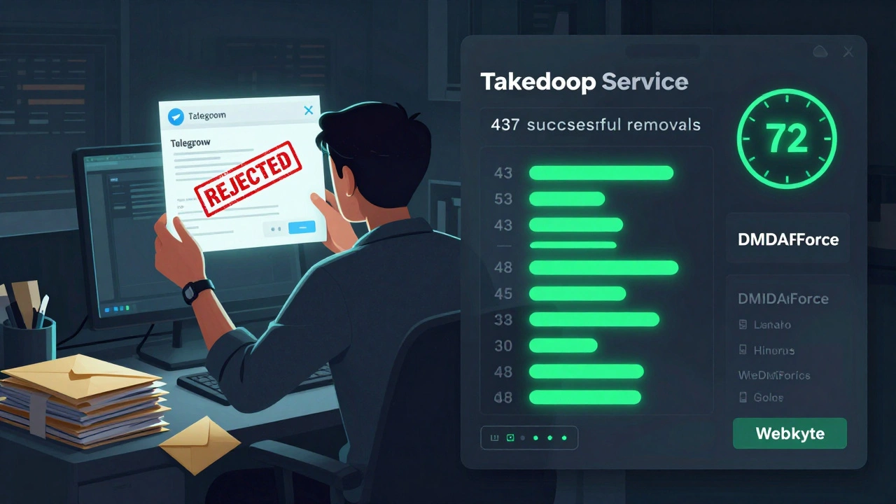 Split view: tired moderator rejecting emails vs. professional service dashboard showing 43 successful takedowns.