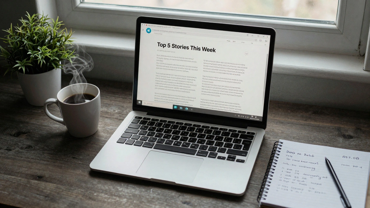 Sunday morning desk with Telegram recap on laptop, coffee, and notebook in soft natural light.