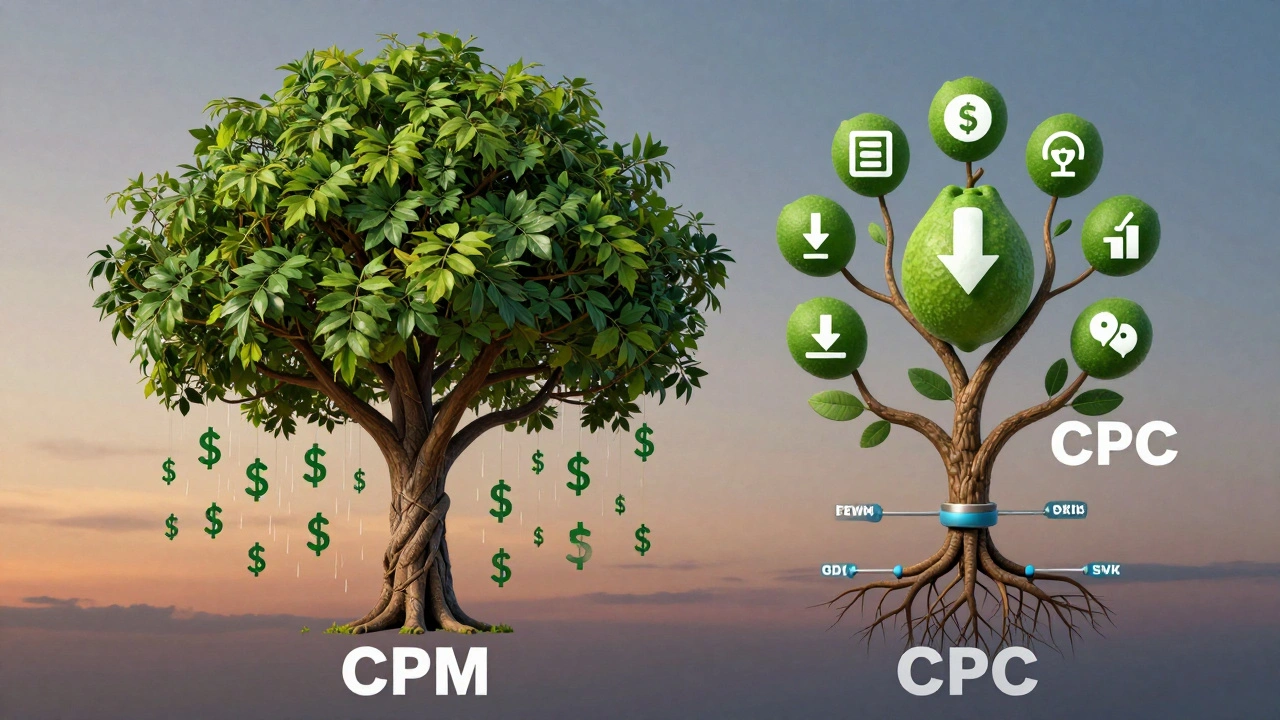 Symbolic tree with CPM leaves and CPC fruit, representing dual monetization strategies on Telegram.