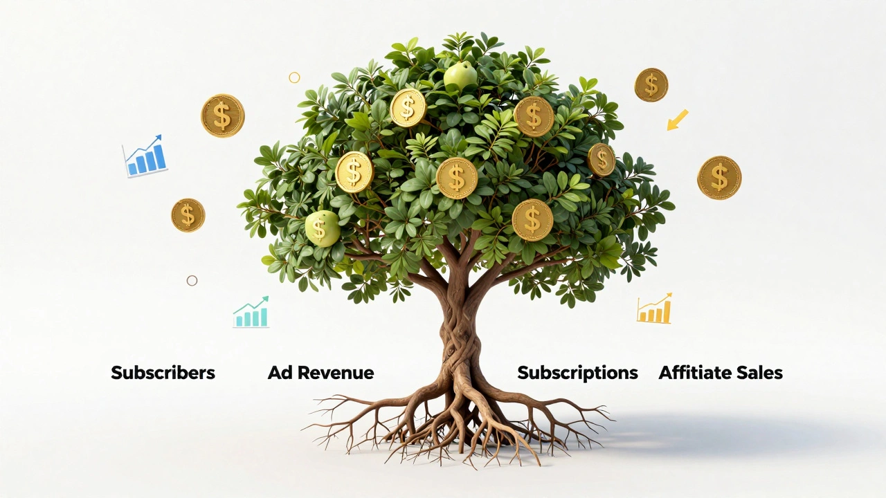Symbolic tree with financial monetization branches, where only finance and crypto branches are thriving with dollar signs.