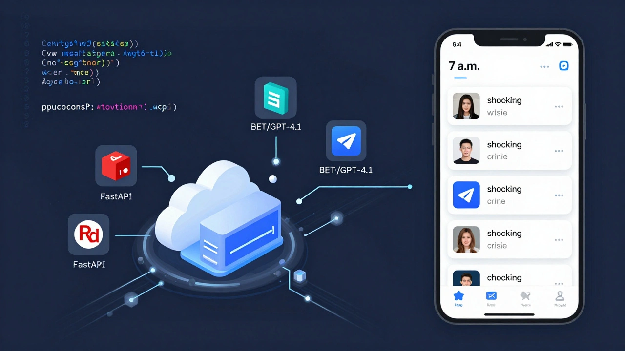 Technical diagram showing a Telegram news bot's backend with AI summarization and filtering systems.