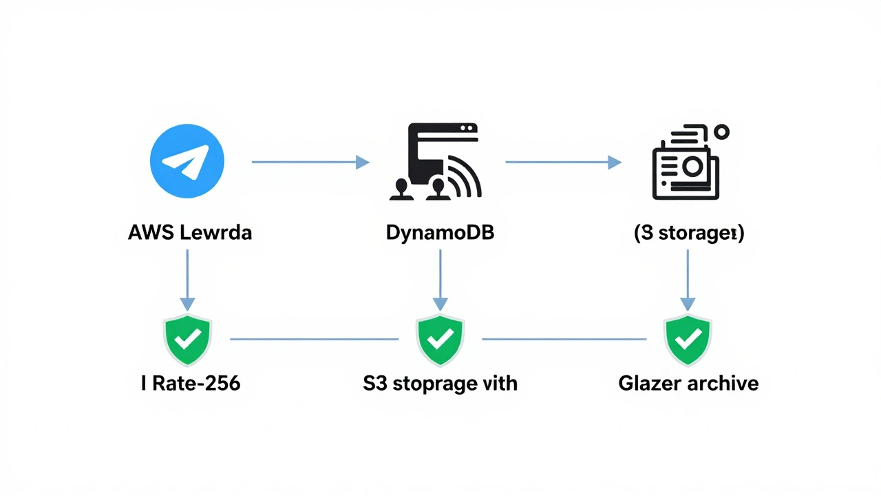 Technical flow diagram showing automated Telegram archiving from RSS to cloud storage.