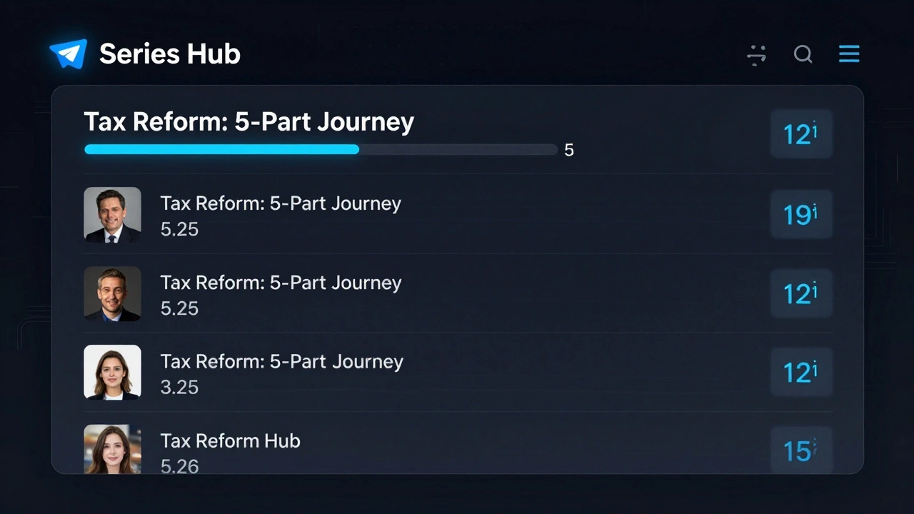 Telegram channel with pinned Series Hub showing active story arcs and progress bars in minimalist digital interface.