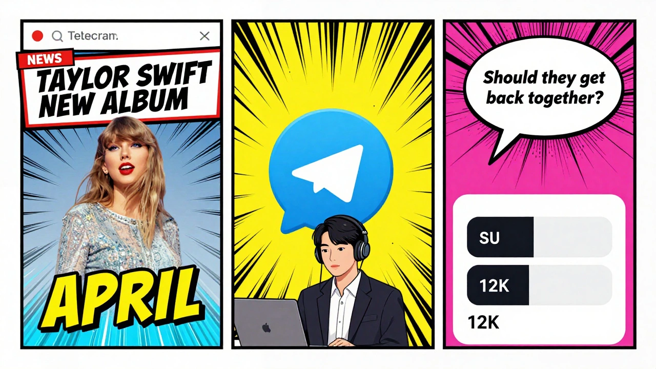 Telegram interface showing breaking news, voice note from Seoul, and a poll with thousands of votes.