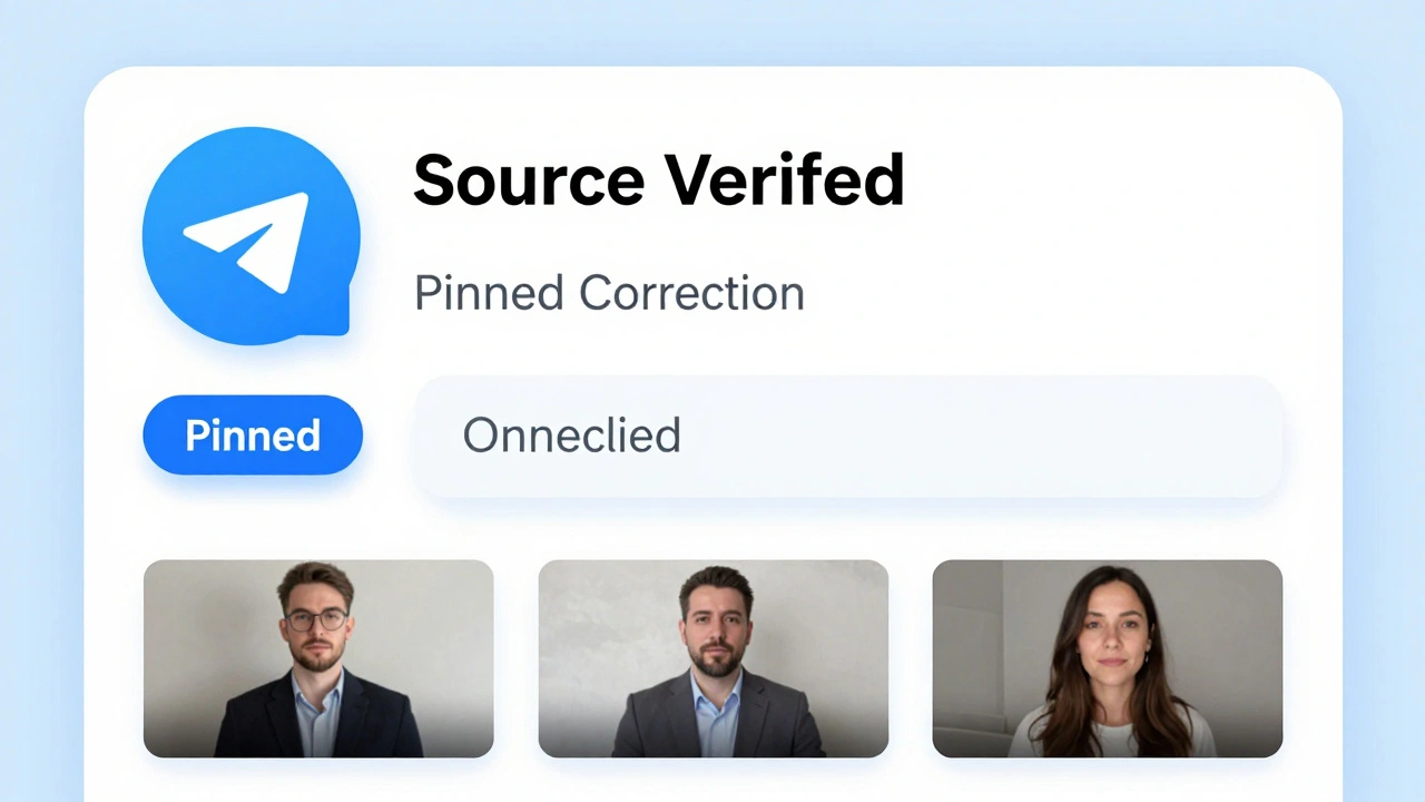 Telegram news channel interface showing verified sources, pinned corrections, and embedded media in clean design.