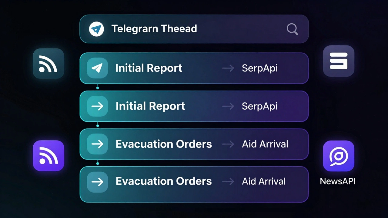 Telegram Story Thread timeline showing layered news updates about a disaster with data source icons.