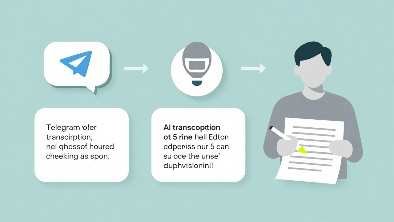 Three-step workflow: receiving voice note, AI transcription, human verification with highlighter.
